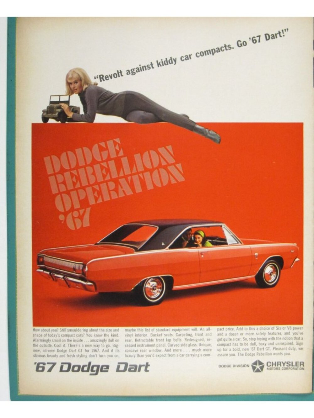 Print Ad 1967 Dodge Dart Rebellion Operation Classic Car Vintage Chrysler Motors